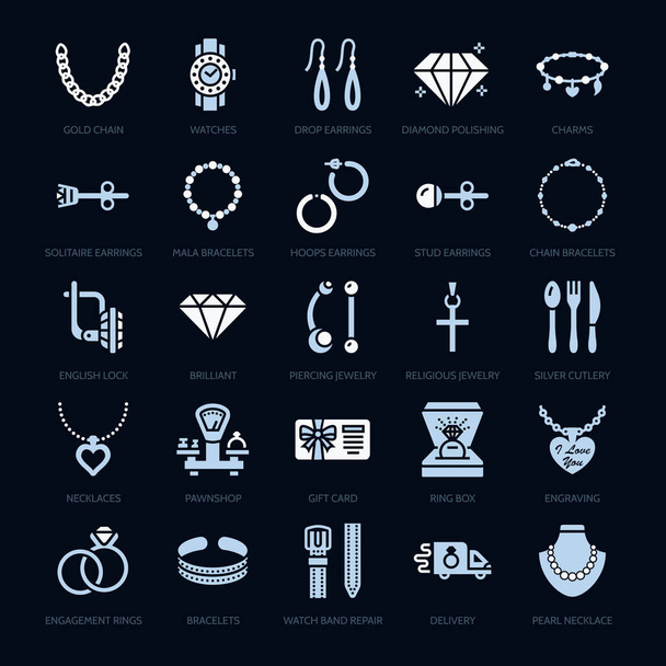 Jewelry flat glyph icons, jewellery store signs. Jewels accessories - gold engagement rings, gem earrings, silver chain, necklaces, brilliants. Solid silhouette pixel perfect 64x64. - Vector, Image