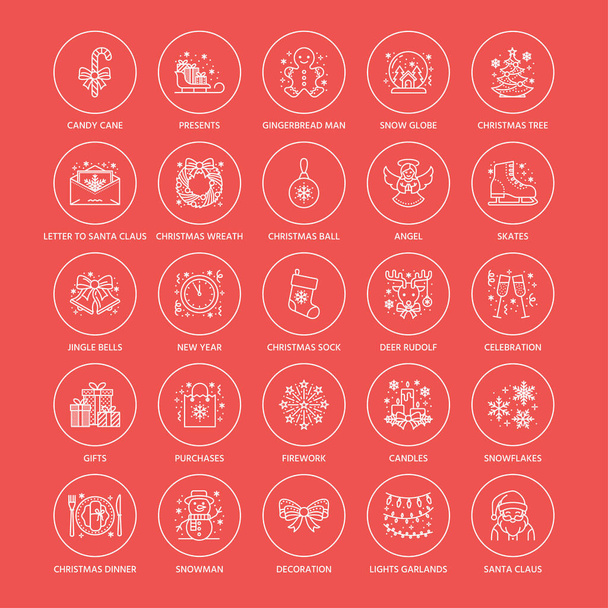 Christmas, new year flat line icons. Winter holidays - christmas tree gift, snowman, santa claus, fireworks, angel. Vector illustration, signs for celebration xmas party. - Vector, Image