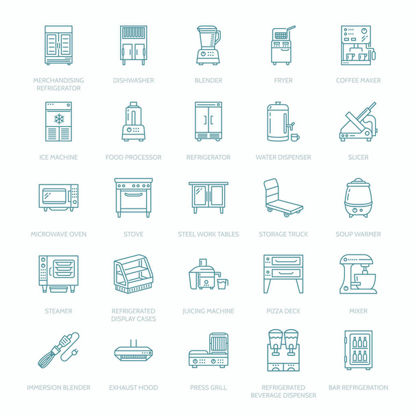 Restaurant professional equipment line icons. Kitchen tools, mixer, blender, fryer, food processor, refrigerator, steamer, microwave oven. Thin linear signs for commercial cooking equipment store. - Vector, Image