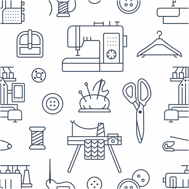 Sewing equipment, tailor supplies seamless pattern with flat line icons set. Needlework accessories - sewing embroidery machine, pin, needle, thread, DIY tools. Linear signs for hand made store. - Vector, Image