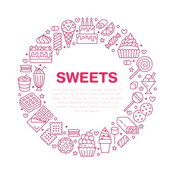 Sweet food round poster with flat line icons. Pastry vector illustrations - lollipop, chocolate bar, milkshake, cookie, birthday cake, donut, candy shop. Cute circle brochure for confectionery. - Vector, Image