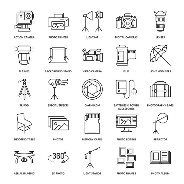 Photography equipment flat line icons. Digital camera, photos, lighting, video cameras, photo accessories, memory card, tripod lens film. Vector illustration, signs for photo studio or store. - Vector, Image