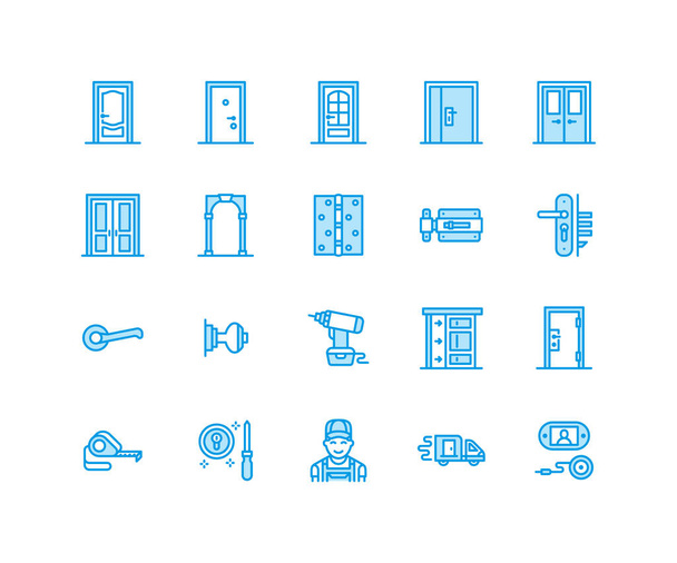 Ajtószerelés, javítóvonal ikonok. Különböző ajtók, kilincs, zár, zsanér. Belsőépítészet vékony lineáris jelek ház dekoráció üzlet, ezermester szolgáltatás. Pixel tökéletes 64x64. - Vektor, kép