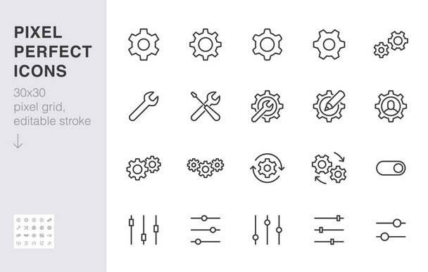 Gear, cogwheel line icons set. App settings button, slider, wrench tool, fix concept minimal vector illustrations. Simple flat outline signs for web interface. 30x30 Pixel Perfect. Editable Strokes. - Vector, Image