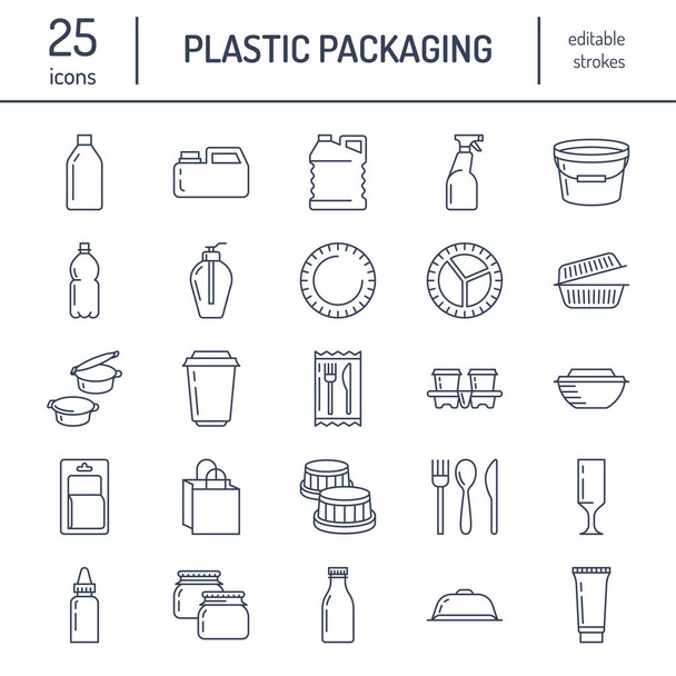 Műanyag csomagolás, eldobható evőeszközök vonal ikonok. Termék tartály, palack, csomag, tartály, tányérok és evőeszközök. Vékony lineáris jelöléseket tartalmazó csomagok bolti vagy szintetikus anyagok gyártásához. - Vektor, kép