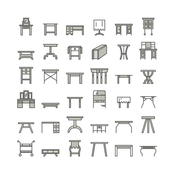 Vector furniture line icons, table symbols. silhouette of different table - dinner, writing, dressing table. Linear desk pictogram with editable stroke for furniture store, platen storage. - Vector, Image