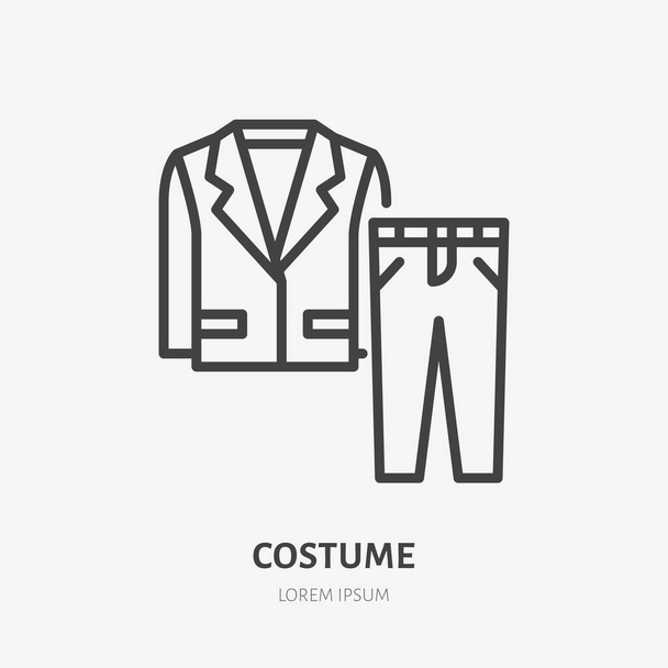 Icono de línea de traje, pictograma vectorial de chaqueta de hombre con pantalones. Ilustración de ropa, signo para tienda de moda. - Vector, Imagen