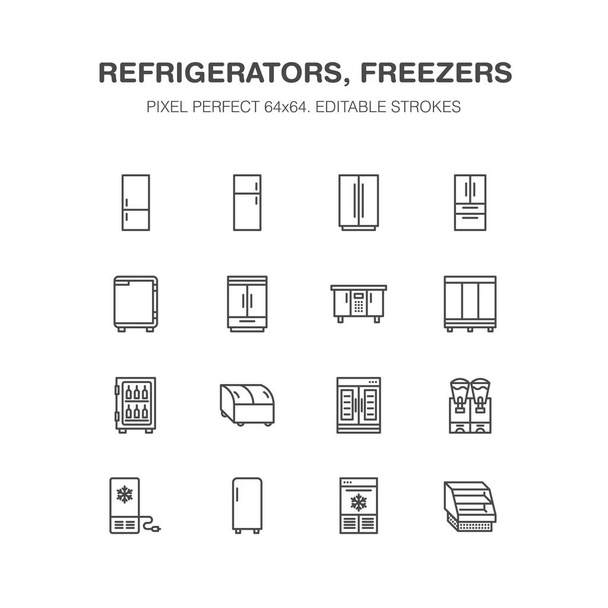 Réfrigérateurs lignes plates icônes. Types de réfrigérateur, congélateur, refroidisseur de vin, grand appareil commercial, vitrine réfrigérée. Panneaux linéaires minces pour l'atelier d'équipement ménager. Pixel parfait 64x64. - Vecteur, image