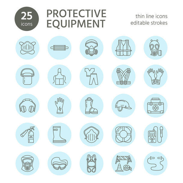 Εικονίδια γραμμής εξοπλισμού ατομικής προστασίας. Μάσκα αερίου, σημαντήρας δακτυλίου, αναπνευστήρα, κάλυμμα εξογκώματος, ωτοασπίδες και ένδυμα εργασίας ασφαλείας. Προστασία της υγείας λεπτές γραμμικές ενδείξεις. - Διάνυσμα, εικόνα