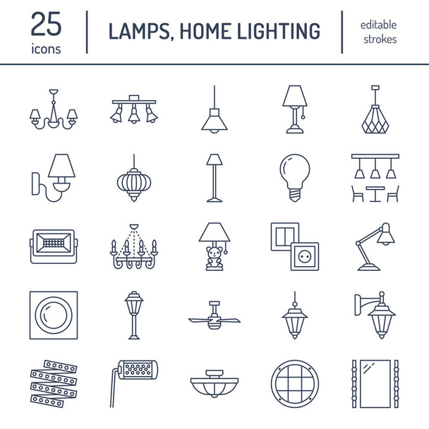 Light fixture, lamps flat line icons. Home and outdoor lighting equipment - chandelier, wall sconce, desk lamp, light bulb, power socket. Vector illustration, signs for electric, interior store. - Vector, Image