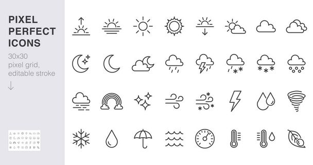 Weather line icons set. Sun, rain, thunder storm, dew, wind, snow cloud, night sky minimal vector illustrations. Simple flat outline signs for web, forecast app. 30x30 Pixel Perfect. Editable Strokes. - Vector, Image