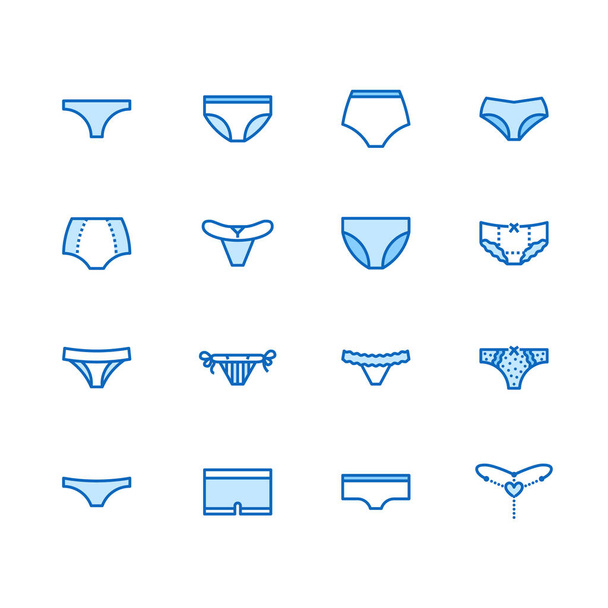 Lingerie flat line icons set. Panties types, woman underwear, bikini, string, hipsters underpants, swimwear bottom vector illustrations. Clothes store thin signs. Pixel perfect 64x64. Editable Strokes - Vector, Image