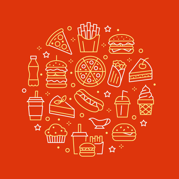 Ilustración de círculo de comida rápida con iconos de línea plana. Signos vectoriales delgados para el cartel del menú del restaurante: hamburguesa, papas fritas, refrescos, pizza, hot dog, pastel de queso, café, helado. Concepto de comida chatarra. - Vector, Imagen