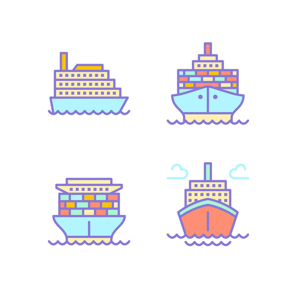 Gemiler düz çizgi simgeleri. Kargo tankeri, deniz yolculuğu, deniz taşımacılığı vektör çizimleri. Okyanus gezisi için ince işaretler. - Vektör, Görsel