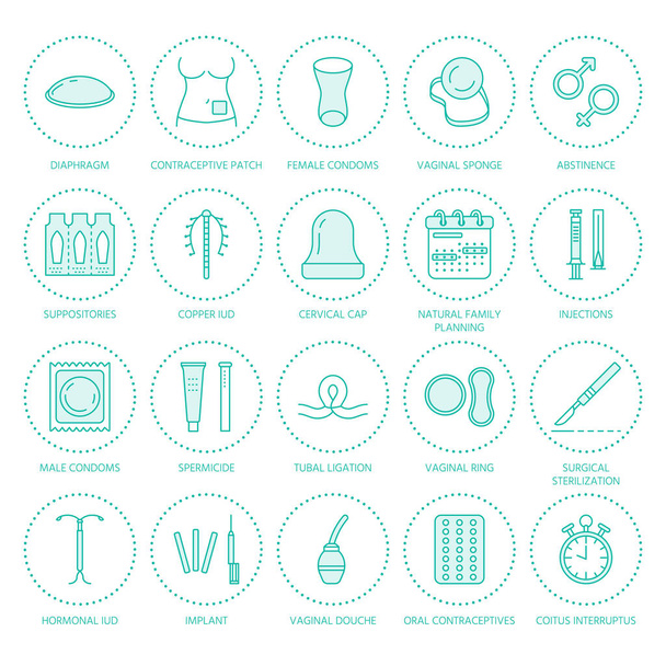 Contraceptive methods line icons. Birth control equipment, condoms, oral contraceptives, iud, barrier contraception, vaginal ring, sterilization. Safe sex thin linear signs for medical clinic. - Vector, Image