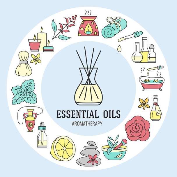 Aromatherapy and essential oils circle template. Vector line illustration of aromatherapy diffuser, oil burner, spa candles, incense sticks, herbal bag massage. Essential oils poster - Vector, Image