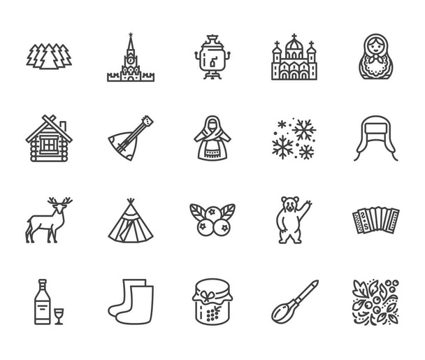 Rusko ploché čáry ikony nastavit. Ruská panenka, ornament, Moskva Kreml, samovar, jelen, medvěd, akordeon, vektorové ilustrace vodky. Tenké cedule pro cestovní kancelář. Pixel perfektní 64x64. Upravitelné tahy - Vektor, obrázek