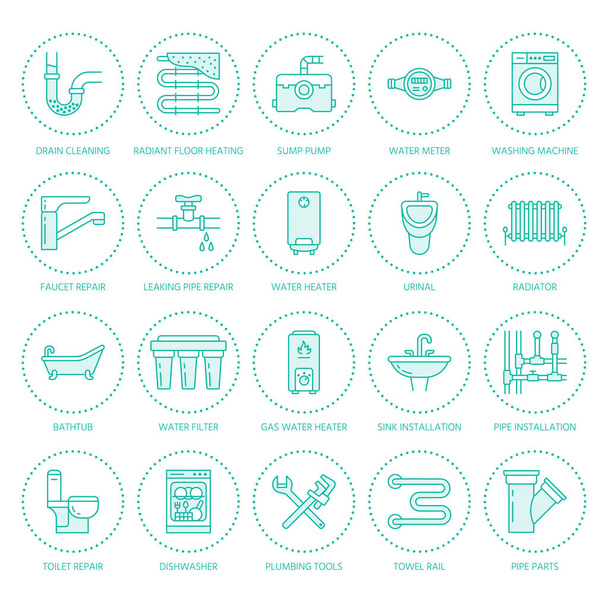 Υδραυλική υπηρεσία διανυσματικά εικονίδια επίπεδη γραμμή. Σπίτι εξοπλισμός μπάνιο, βρύση, τουαλέτα, αγωγός, πλυντήριο ρούχων, πλυντήριο πιάτων. Εικονογράφηση επισκευής υδραυλικών, λεπτές γραμμικές πινακίδες για υπηρεσίες τεχνίτη. - Διάνυσμα, εικόνα