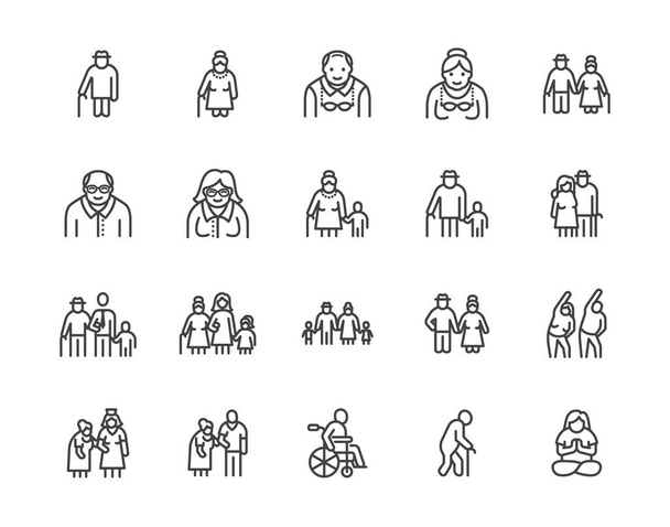 Elder people care flat line icons set. Senior couple, nursing home, happy old man exercising, patient support vector illustrations. Outline signs older citizens. Pixel perfect 64x64. Editable Strokes. - Vector, Image