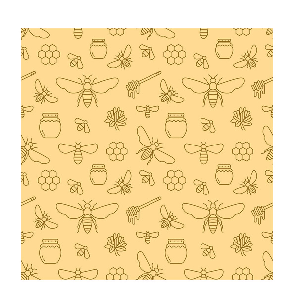 Beekeeping seamless pattern, apiculture vector illustration. Apiary thin line icons bee, beehive, honeycomb, barrel. Cute repeated texture yellow color for honey processing business. - Vector, Image