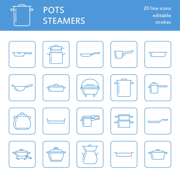 Pot, pan and steamer line icons. Restaurant professional equipment signs. Kitchen utensil - wok, saucepan, eathernware dish. Thin linear signs for commercial cooking store. Outline symbols blue color. - Vector, Image