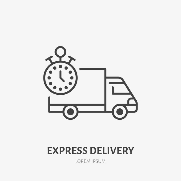 Express delivery flat line icon. Fast truck sign. Thin linear logo for cargo trucking, freight services. - Vector, Image