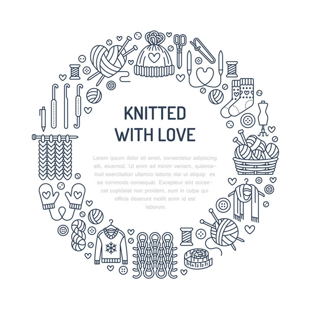 Knitting, crochet, hand made banner illustration. Vector line icon knitting needle, hook, scarf, socks, pattern, wool skeins and other DIY equipment. Yarn or tailor store template with place for text. - Vector, Image