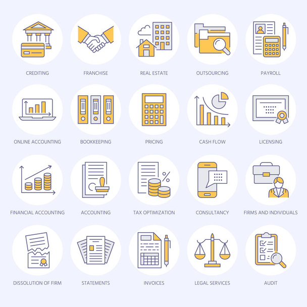 Financial accounting flat line icons. Bookkeeping, tax optimization, firm dissolution, accountant outsourcing, payroll, real estate crediting. Accountancy finance thin linear signs for legal services. - Vector, Image
