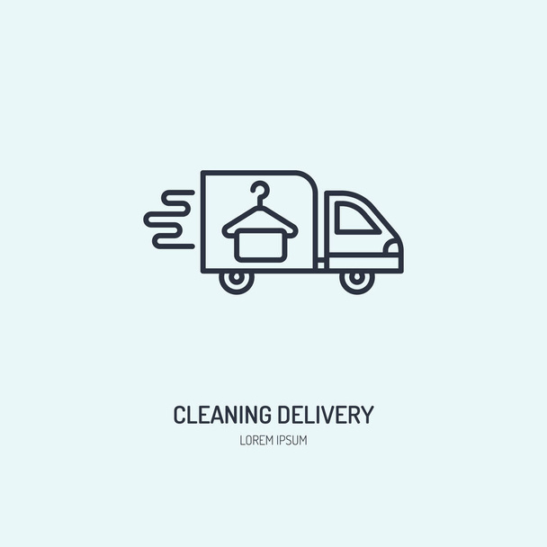 Icono de línea de entrega, logotipo de mensajería de limpieza en seco rápido. Muestra plana del transporte, ilustración para el negocio del envío. - Vector, Imagen