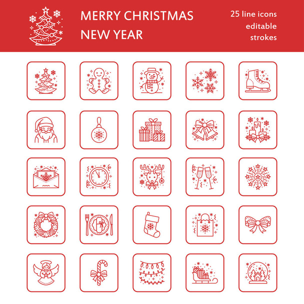 Christmas, new year flat line icons. Winter holidays - christmas tree gift, snowman, santa claus, fireworks, angel. Vector illustration, signs for celebration xmas party. - Vector, Image