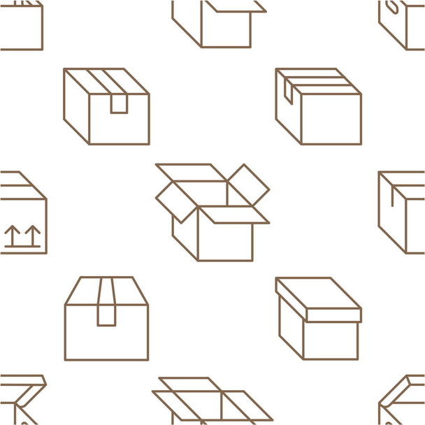 Delivery box background, cargo package seamless pattern. Various open and closed cardboard boxes, parcel flat line icons. Warehouse, storage vector illustration brown white color. - Vektori, kuva