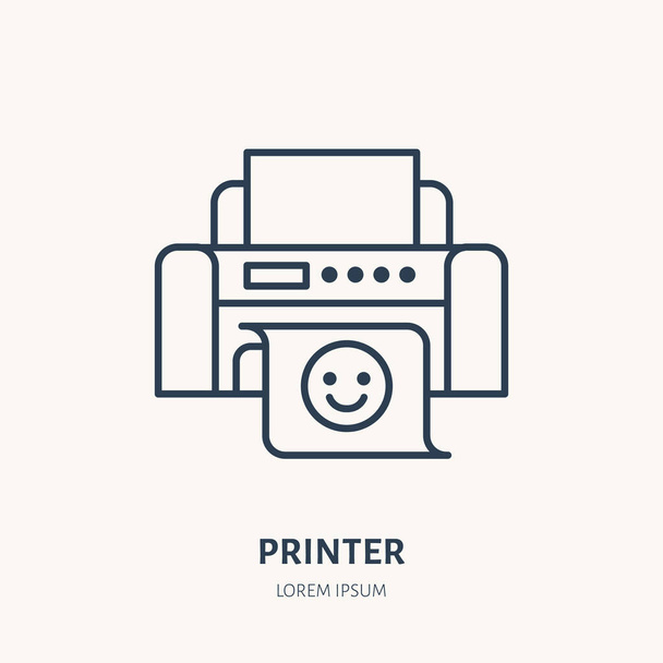 Nyomtató nyomtatott papír lapos vonalú ikonnal. Irodai nyomtatóeszköz jele. Vékony lineáris logó nyomtató, berendezés áruház. - Vektor, kép