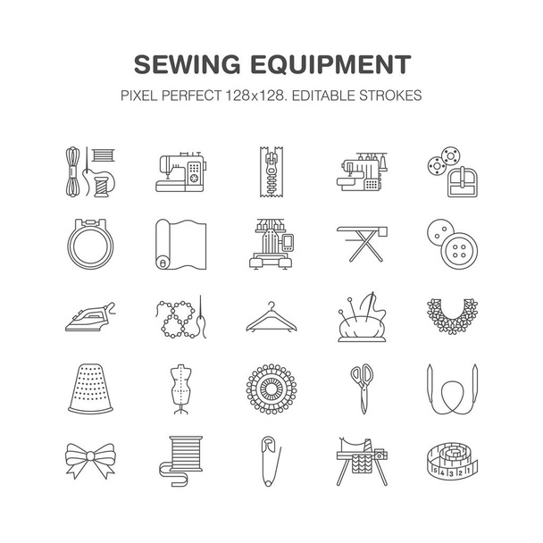 Sewing equipment, tailor supplies flat line icons set. Needlework accessories - sewing embroidery machine, pin, needle, thread, zipper, hanger and other DIY tools. Pixel perfect 128x128. - Vector, Image