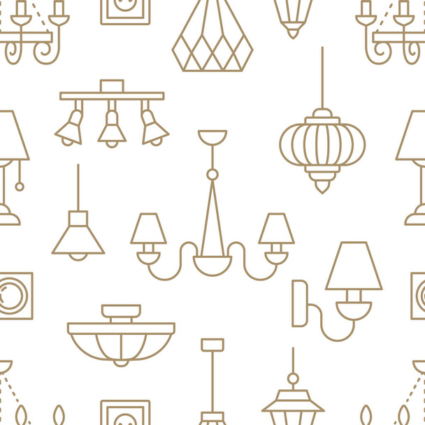 Light fixture, lamps seamless pattern, line illustration. Vector icons of home lighting equipment - chandelier, table lamp, power socket. Repeated background for interior store beige and white. - Vector, Image