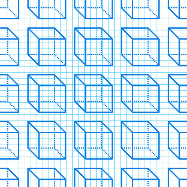 Geometrikus formák zökkenőmentes minta lapos vonalú ikonok kocka alak kék rács notebook. Modern absztrakt háttér geometria, matematikai oktatás vektor illusztráció. - Vektor, kép
