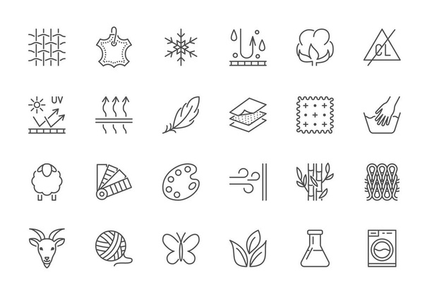 Fabric feature flat line icons set. Clothes symbols silk, cotton, breathable, waterproof material, handwash cashmere, yarn vector illustrations. Outline signs for garment properties, textile industry. - Vector, Image