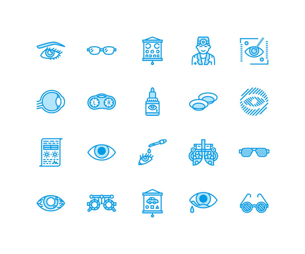Ophthalmology, eyes health care line icons. Optometry equipment, contact lenses, glasses, blindness. Vision correction thin linear signs for oculist clinic. Pixel perfect 64x64. - Vector, Image