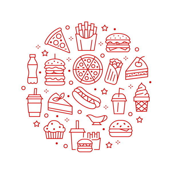 フラットラインアイコンとファーストフードサークルイラスト。レストランメニューのポスターのための薄いベクトル記号-ハンバーガー、フライドポテト、ソーダ、ピザ、ホットドッグ、チーズケーキ、コーヒー、アイスクリーム。ジャンクフードのコンセプト. - ベクター画像