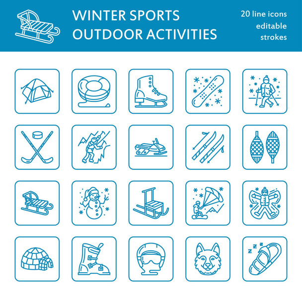 Roztomilé tenké linie ikon zimních sportů. Venkovní aktivity vektorové prvky - snowboard, hokejové sáně, brusle, snowtubing, led kiting. Lineární piktogram s upravitelným zdvihem k pronájmu vybavení lyžařského střediska - Vektor, obrázek