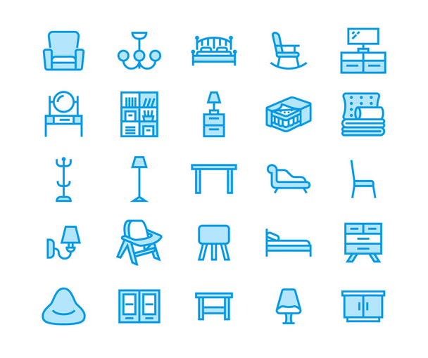 Furniture vector flat line icons. Living room tv stand, bedroom, home lighting, rocking chair, sofa, bedding, dining table, bed,bookcase. Thin signs collection interior store. Pixel perfect 48x48 - Vector, Image
