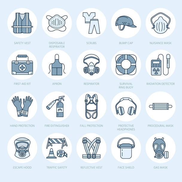 Personal protective equipment line icons. Gas mask, ring buoy, respirator, bump cap, ear plugs and safety work garment. Health protection thin linear signs. - Vector, Image