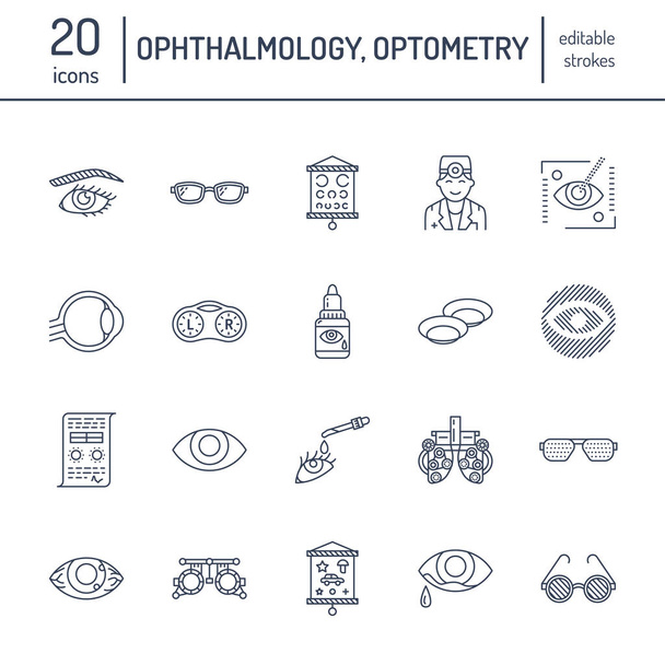 Oftalmología, iconos de la línea de atención médica de los ojos. Equipo de optometría, lentes de contacto, gafas, ceguera. Corrección de la visión signos lineales delgados para clínica oculista. - Vector, Imagen