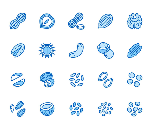 Nuts flat line icons set. Peanut, almond, chestnut, macadamia, cashew, pistachio, pine seeds vector illustrations. Outline signs for healthy food store. Pixel perfect 64x64. Editable Strokes. - Vector, Image