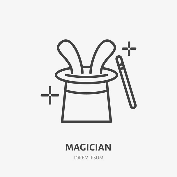 Magician line icon. Vector logo for illusionist, party service or event agency. Linear illustration of magic wand and rabbit in hat. - Vector, Image