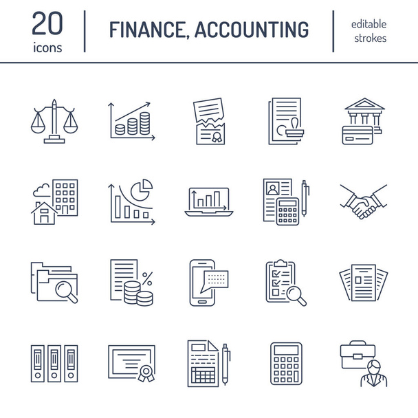 Financial accounting flat line icons. Bookkeeping, tax optimization, firm dissolution, accountant outsourcing, payroll, real estate crediting. Accountancy finance thin linear signs for legal services. - Vector, Image