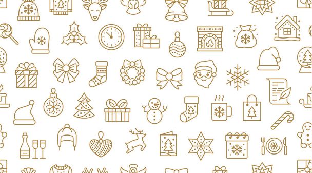 Christmas, new year seamless pattern, line background, winter holiday illustration. Vector icons of pine tree, gift, letter to santa, presents, snow. Celebration xmas party gold white ornament. - Vector, Image