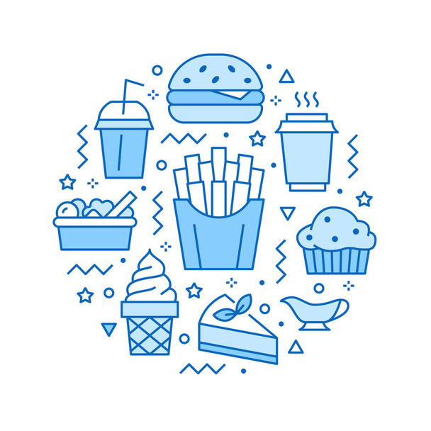 Ilustración de círculo de comida rápida con iconos de línea plana. Signos vectoriales delgados para el cartel del menú del restaurante - hamburguesa, papas fritas, refrescos, ensalada, pastel de queso, café, helado. - Vector, imagen