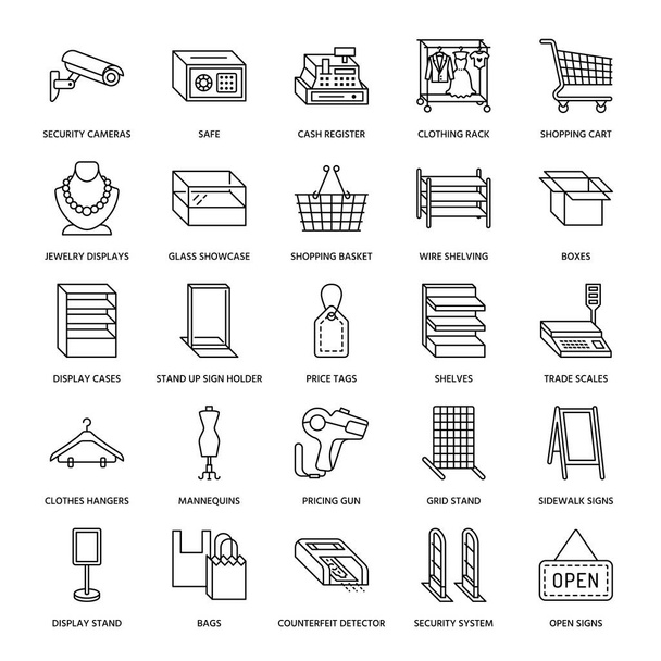 Retail store supplies flat line icons. Trade shop equipment signs. Commercial objects - cash register, basket, scales, shopping cart, shelving, display cases. Thin linear signs for warehouse store. - Vector, Image