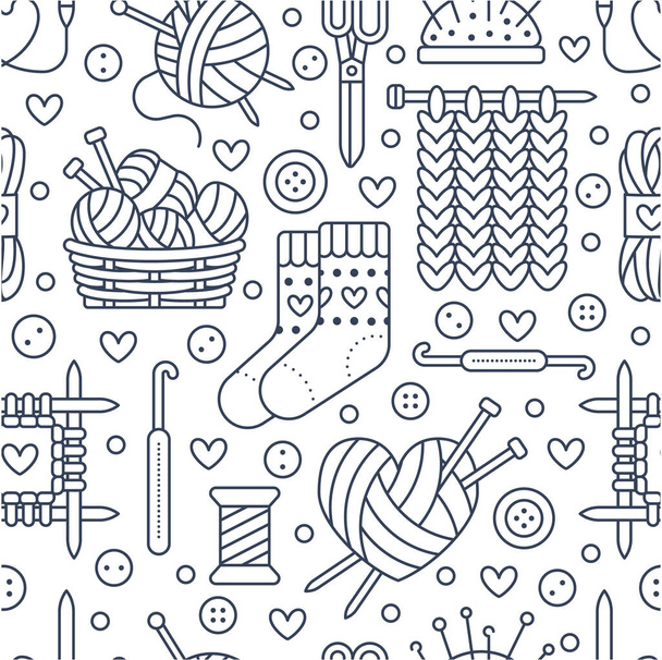 Knitting, crochet seamless pattern. Cute vector flat line illustration of hand made equipment knitting needle, hook, wool, scissors, cotton skeins. Background for yarn tailor store. Knitted with love. - Vector, imagen