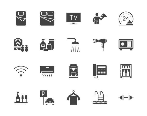 Hotel room facilities flat glyph icons set. Double bed, reception, room service, bathrobe, slippers, safe, minibar vector illustrations. Black sign for motel. Silhouette pictogram pixel perfect 64x64. - Vector, Image